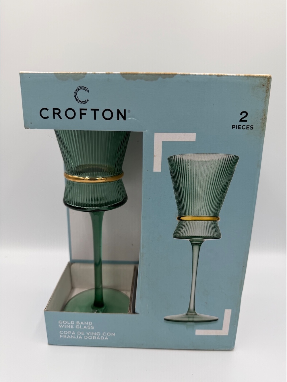 New In Box Crofton Gold Band Green Ombre Goblets 2 Piece Set